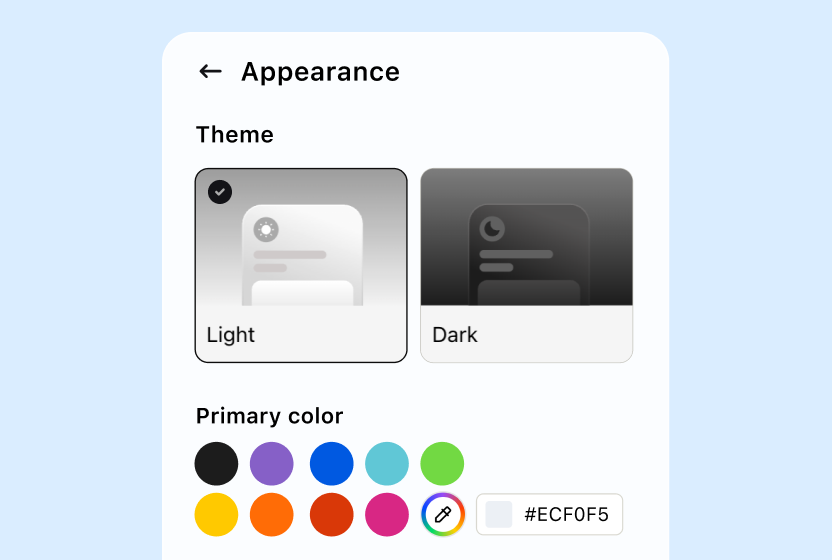 Chat widget appearance settings with light and dark themes and primary color options