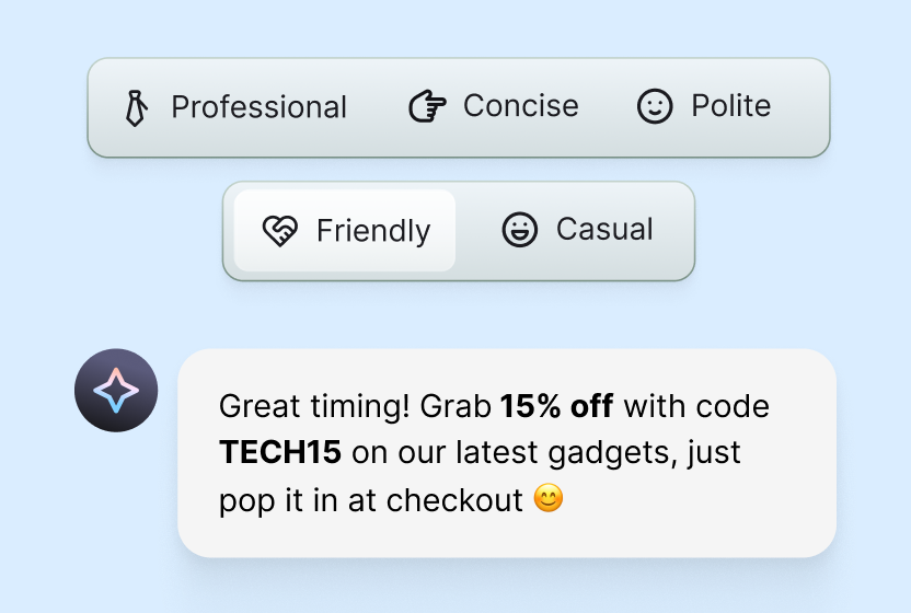 AI agent tone settings for professional, concise, polite, friendly, and casual responses