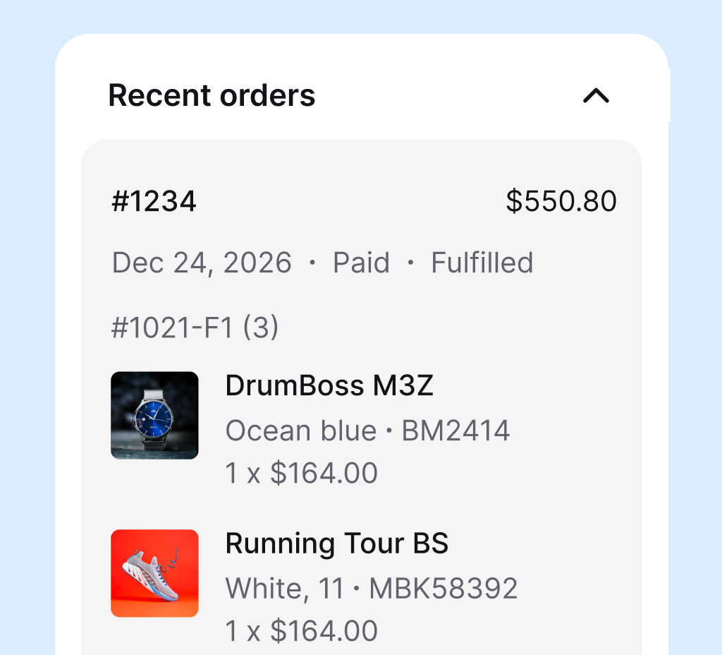Recent WooCommerce order with payment, fulfillment, products, variants, quantities, and prices
