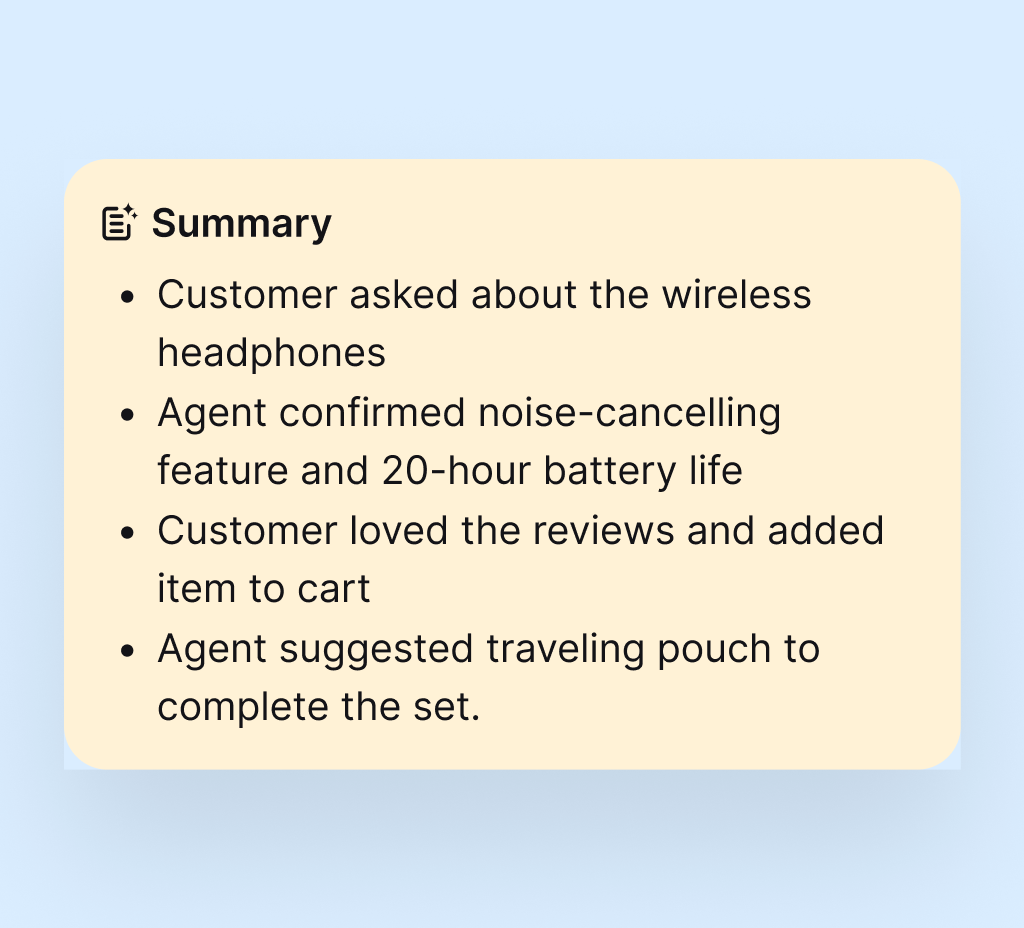 Conversation summary covering product details, customer feedback, cart activity, and a related product suggestion