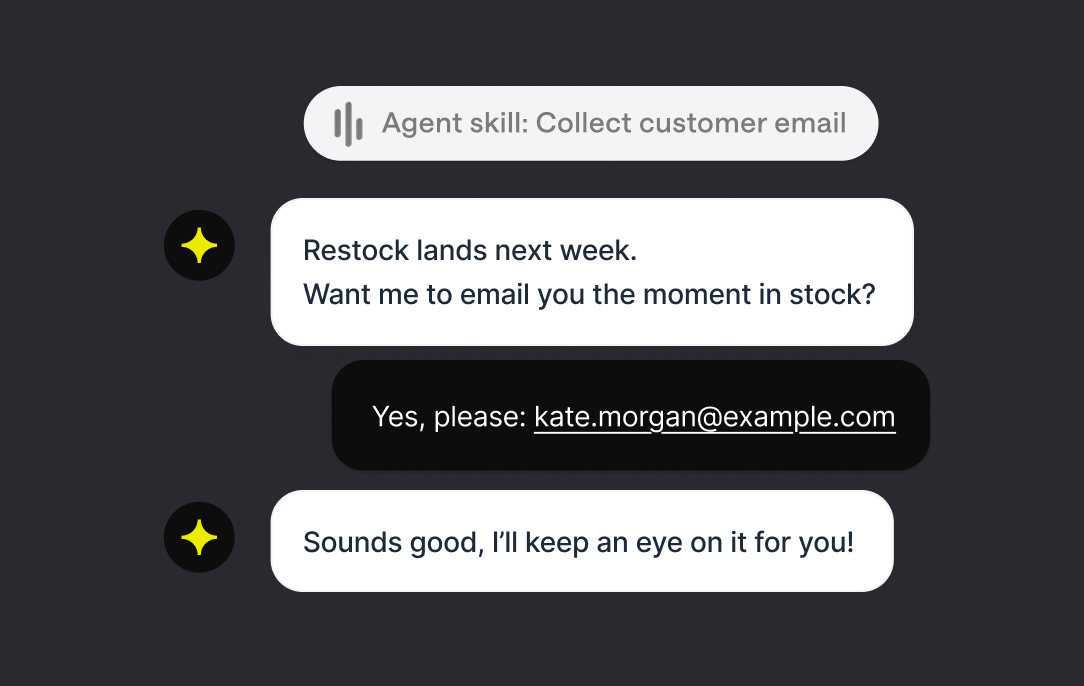 AI agent collecting a customer email for a back-in-stock alert in a website chat