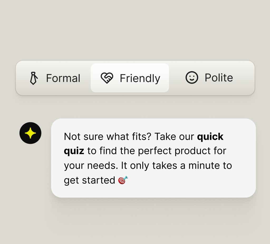 Tone picker with formal, friendly, and polite options above an on-brand AI chatbot reply