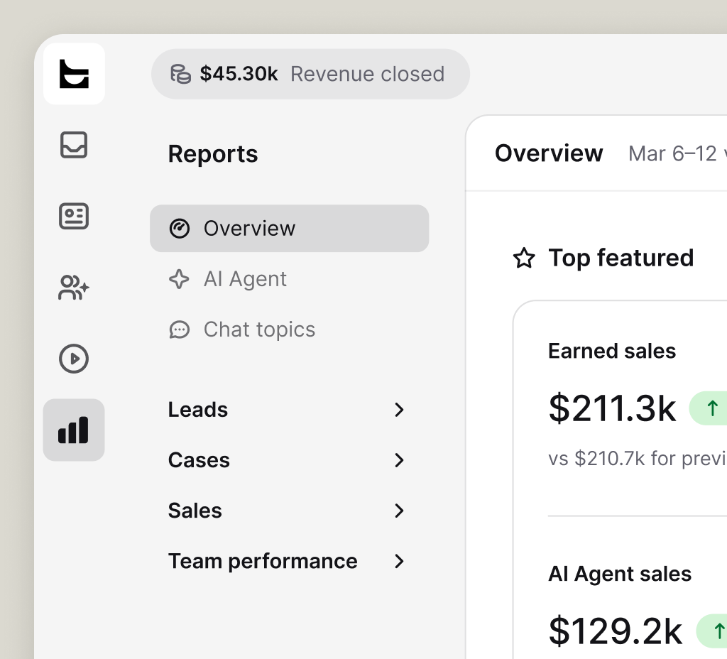 Reports overview in Text with AI agent, leads, cases, sales, and team performance sections