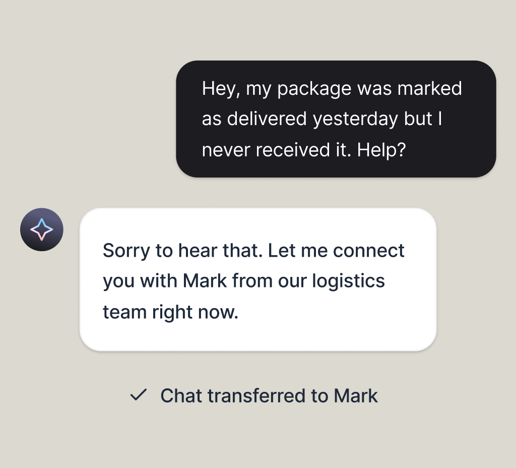 AI agent transferring a delivery question to Mark from the logistics team in live chat