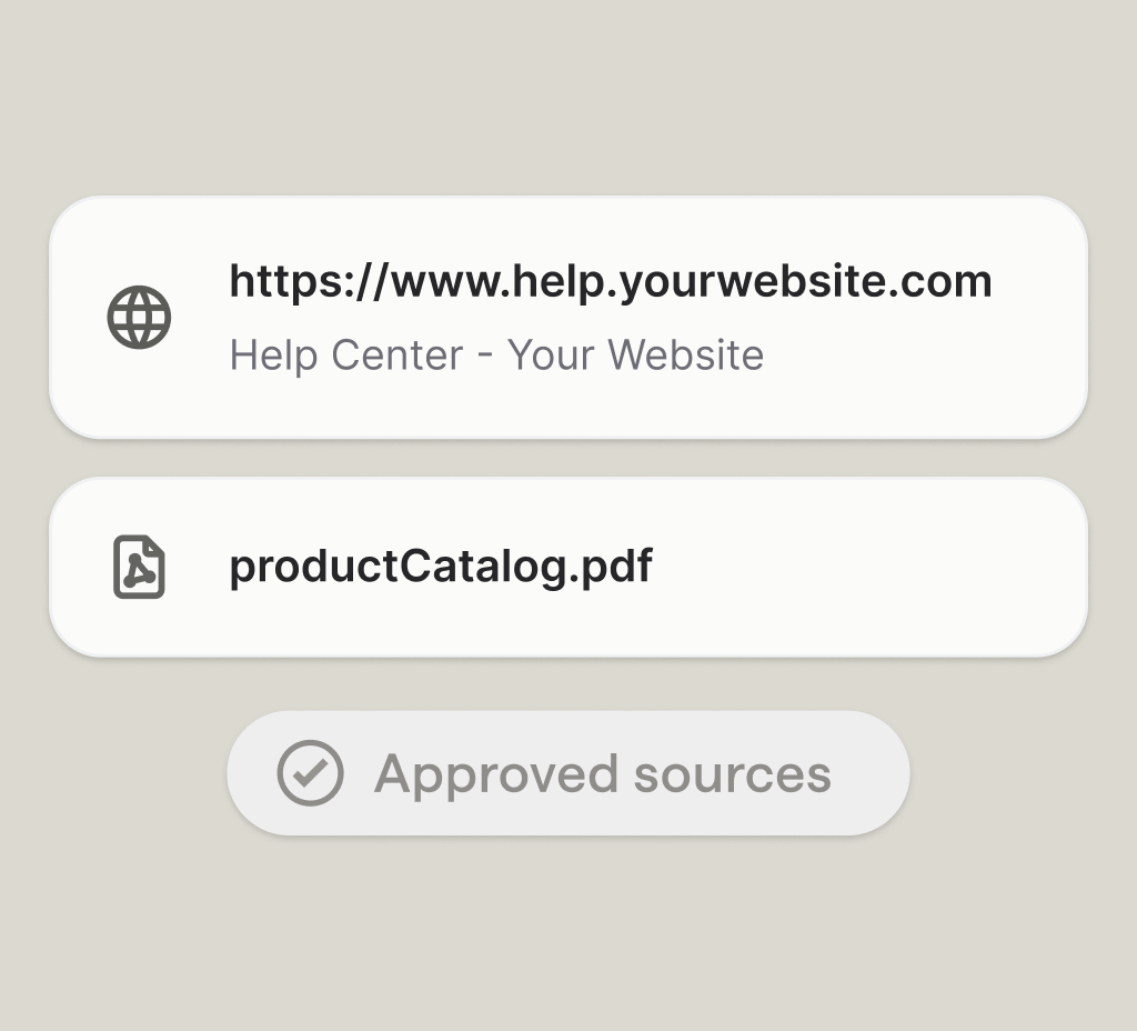 Approved knowledge sources for the AI chatbot: a help center URL and a product catalog PDF