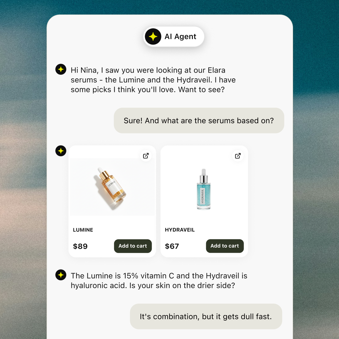AI agent chat widget on a website recommending products, with cards for hesitation detection, expert knowledge sources, buying intent score, and completed sales