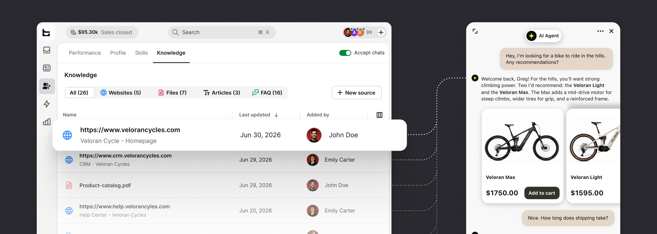 An AI agent recommending products with add-to-cart inside a store's chat window