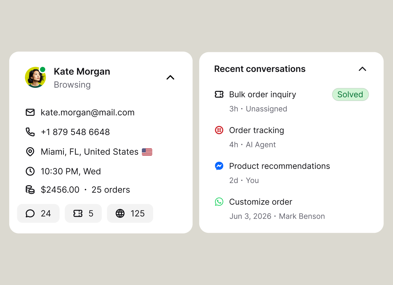 A customer profile in Text showing contact details, lifetime spend, order count, and recent conversations