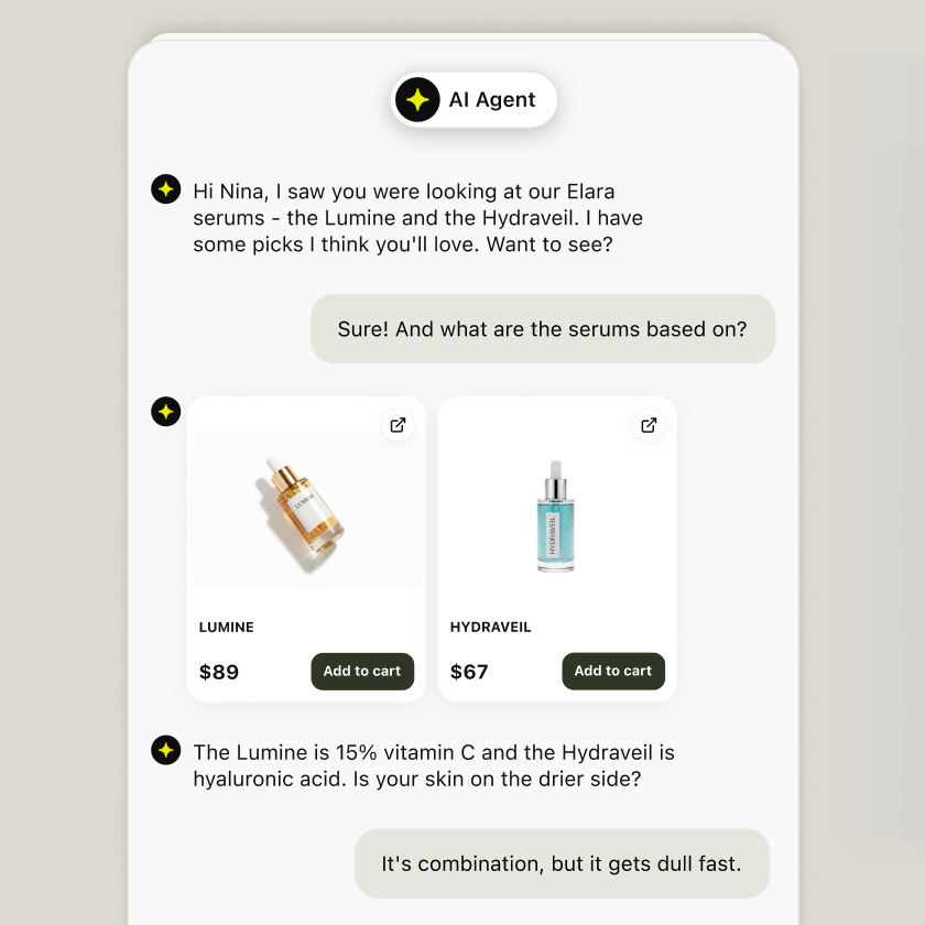 Product cards with prices and an add to cart button inside a chat conversation
