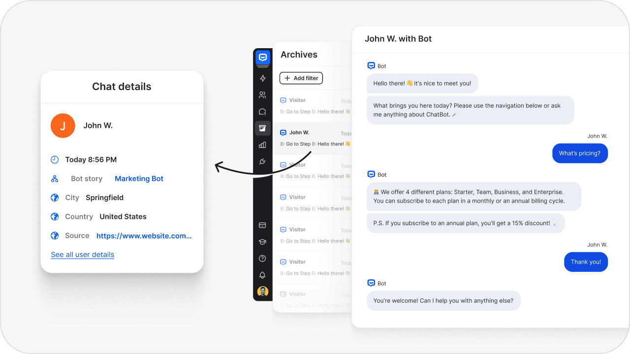 Ecommerce chatbot integration showing customer conversation details, chat history, and seamless integration with marketing automation for personalized customer experience