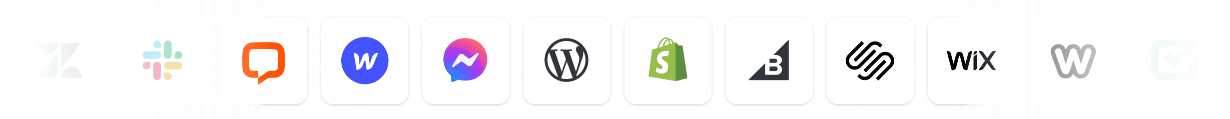 Logos of popular platforms integrated with AI customer service chatbots, including Slack, Facebook Messenger, WordPress, Shopify, BigCommerce, Squarespace, Wix, and Weebly — showcasing how AI-powered chatbots connect across multiple channels and messaging apps to improve customer support, streamline workflows, and enhance customer experience.