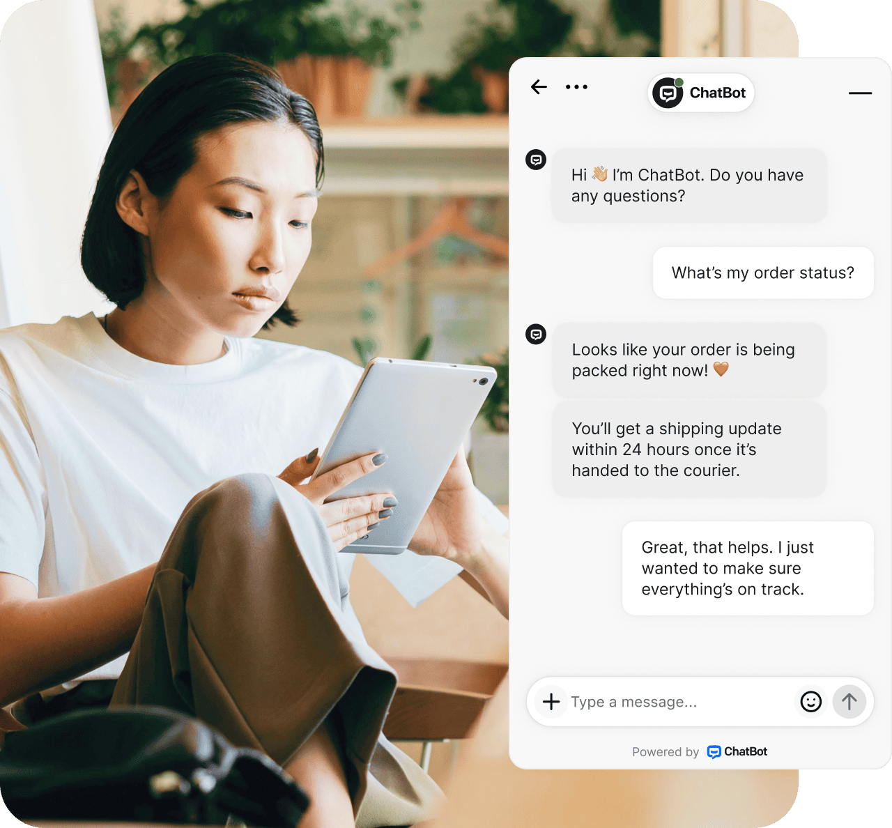 AI chatbot for ecommerce showing order tracking conversation with online shopper using natural language processing to provide instant responses about shipping status