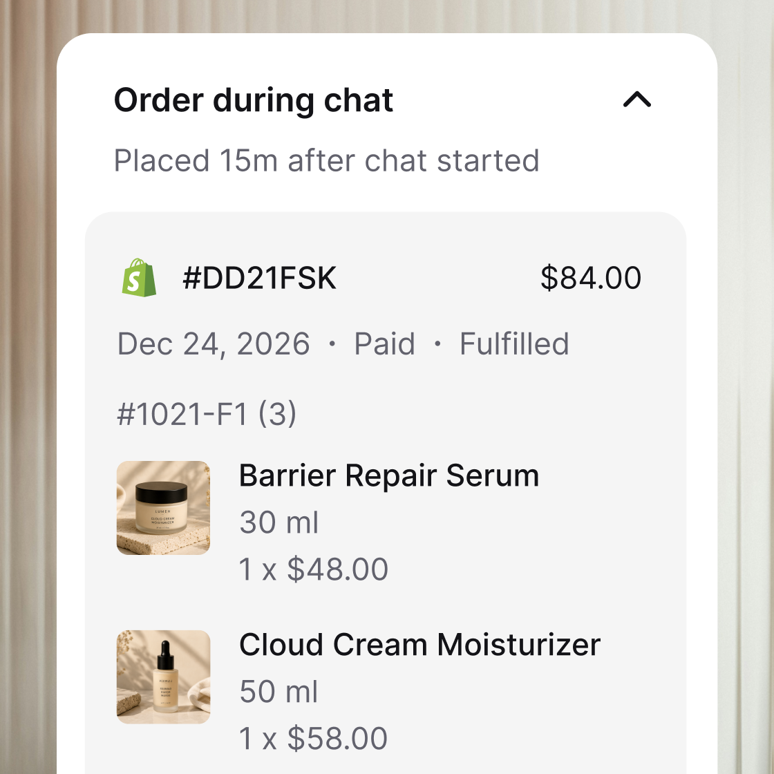 Order during chat panel showing a Shopify order placed 15 minutes into the conversation, marked paid and fulfilled, with product line items and prices