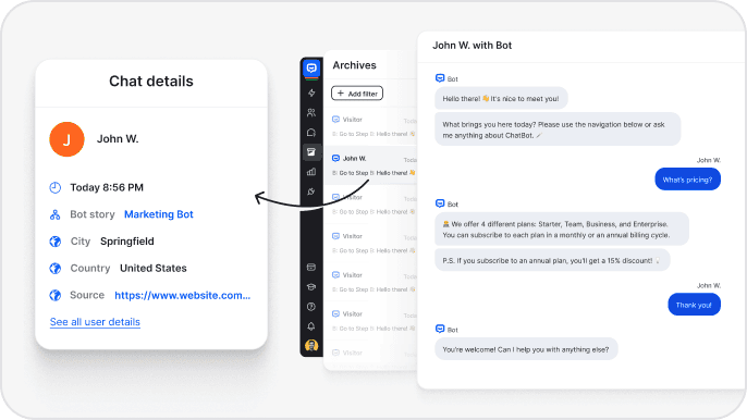 Ecommerce chatbot integration showing customer conversation details, chat history, and seamless integration with marketing automation for personalized customer experience