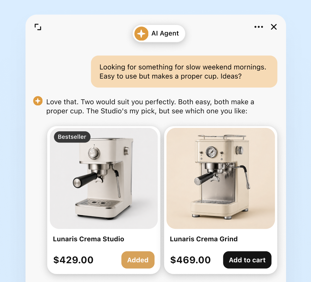 AI agent answering a shopper's request with two espresso machine product cards, one marked bestseller and one already added to the cart