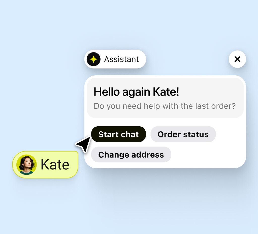 Proactive chat greeting a returning shopper by name and offering order status or address change