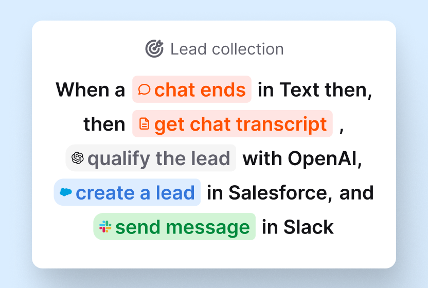 Lead-collection workflow that qualifies a chat lead with OpenAI, creates a Salesforce lead, and sends a Slack message