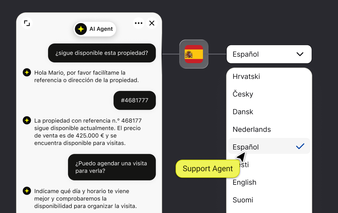 AI agent answering a property question in Spanish with language selection controls