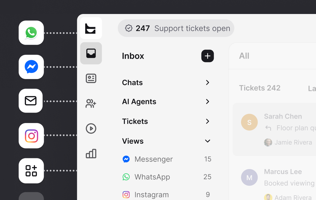 Text inbox unifying WhatsApp, Messenger, email, Instagram, and other channels