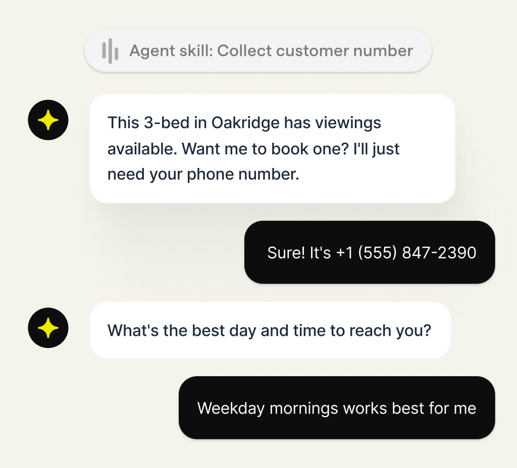 AI agent collecting a visitor phone number and preferred weekday time to arrange a property viewing