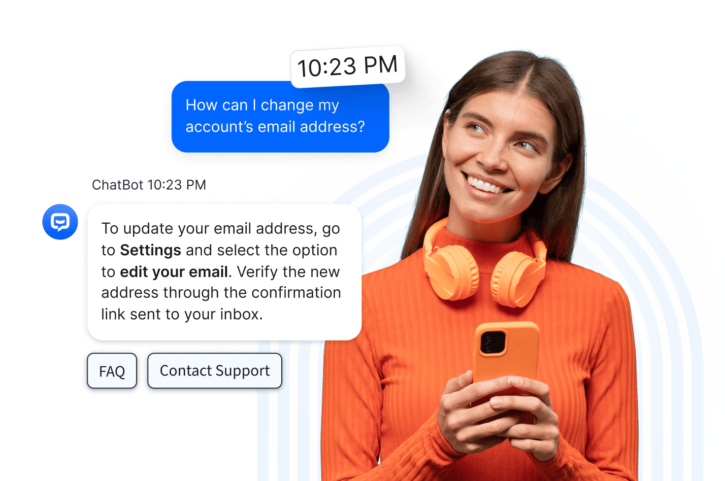 Retail chatbot providing instant support on mobile app showing customer interaction with AI-powered conversational AI answering account questions with FAQ and Contact Support options