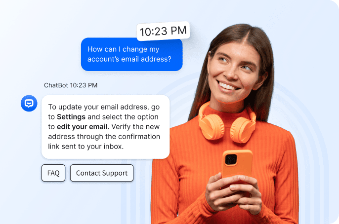 Retail chatbot providing instant support on mobile app showing customer interaction with AI-powered conversational AI answering account questions with FAQ and Contact Support options