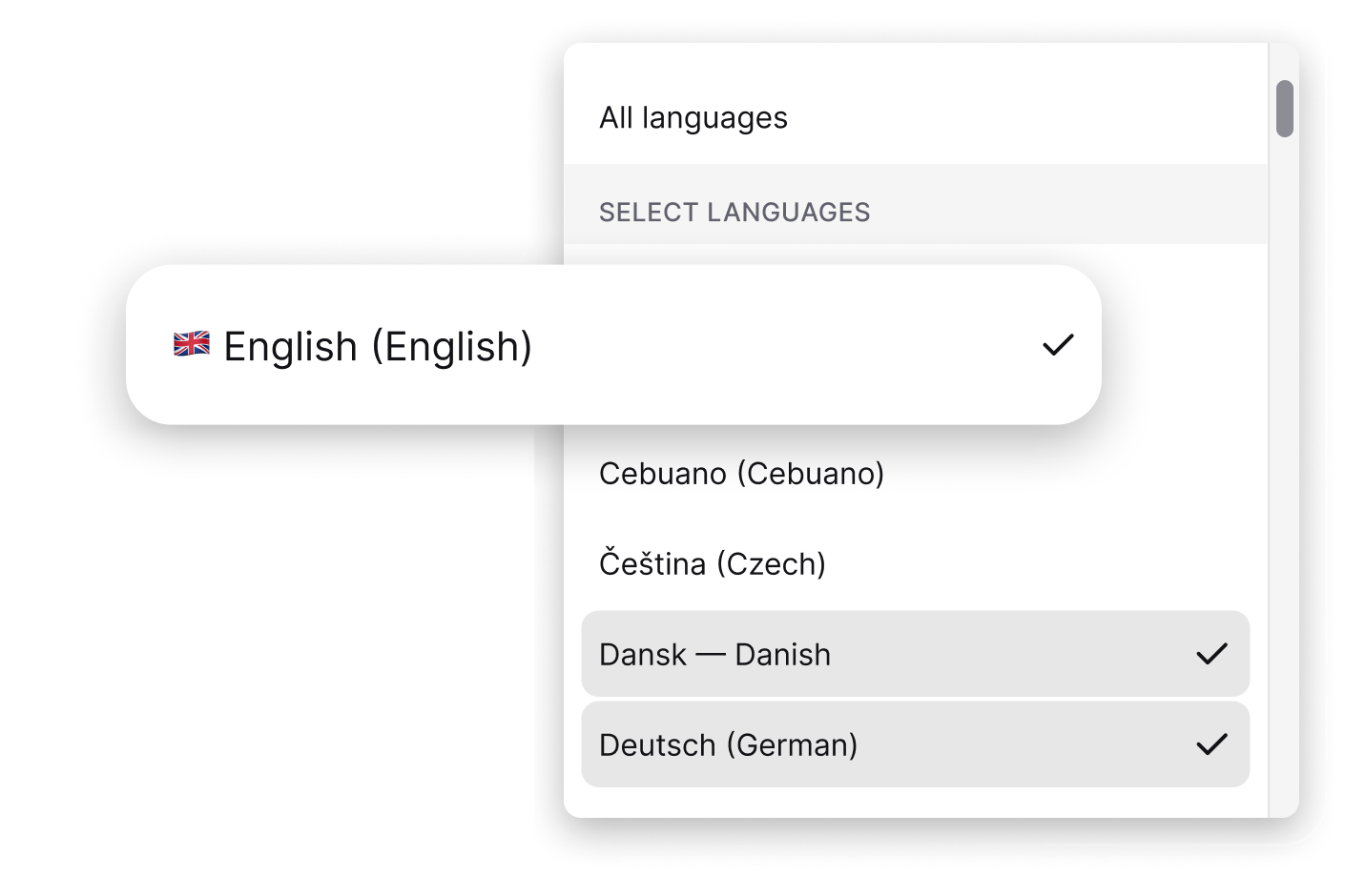 Language picker for the AI agent with English, Danish, and German selected
