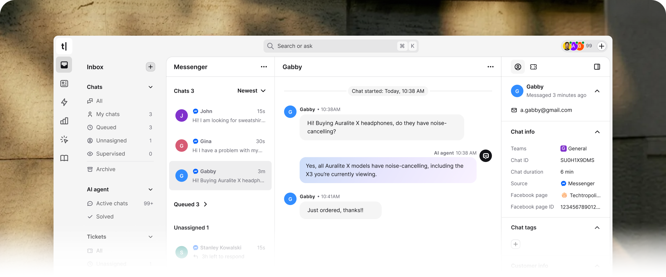 Text inbox with Messenger conversations, the AI agent answering, tickets, and customer details in one view
