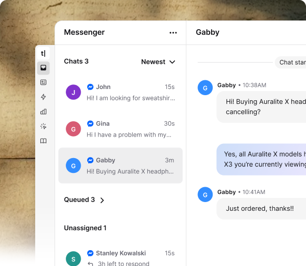 Text inbox with Messenger conversations, the AI agent answering, tickets, and customer details in one view