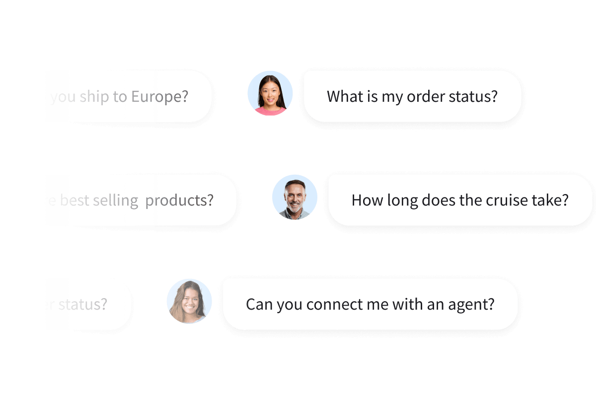 Customer questions arriving in the chat widget: order status, shipping, and a handoff request