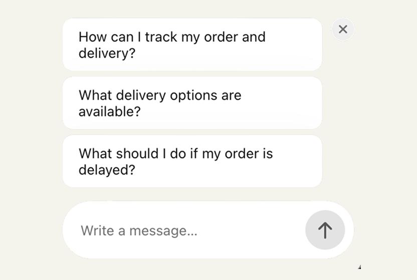 Suggested questions in the chat widget about tracking an order, delivery options, and delayed orders