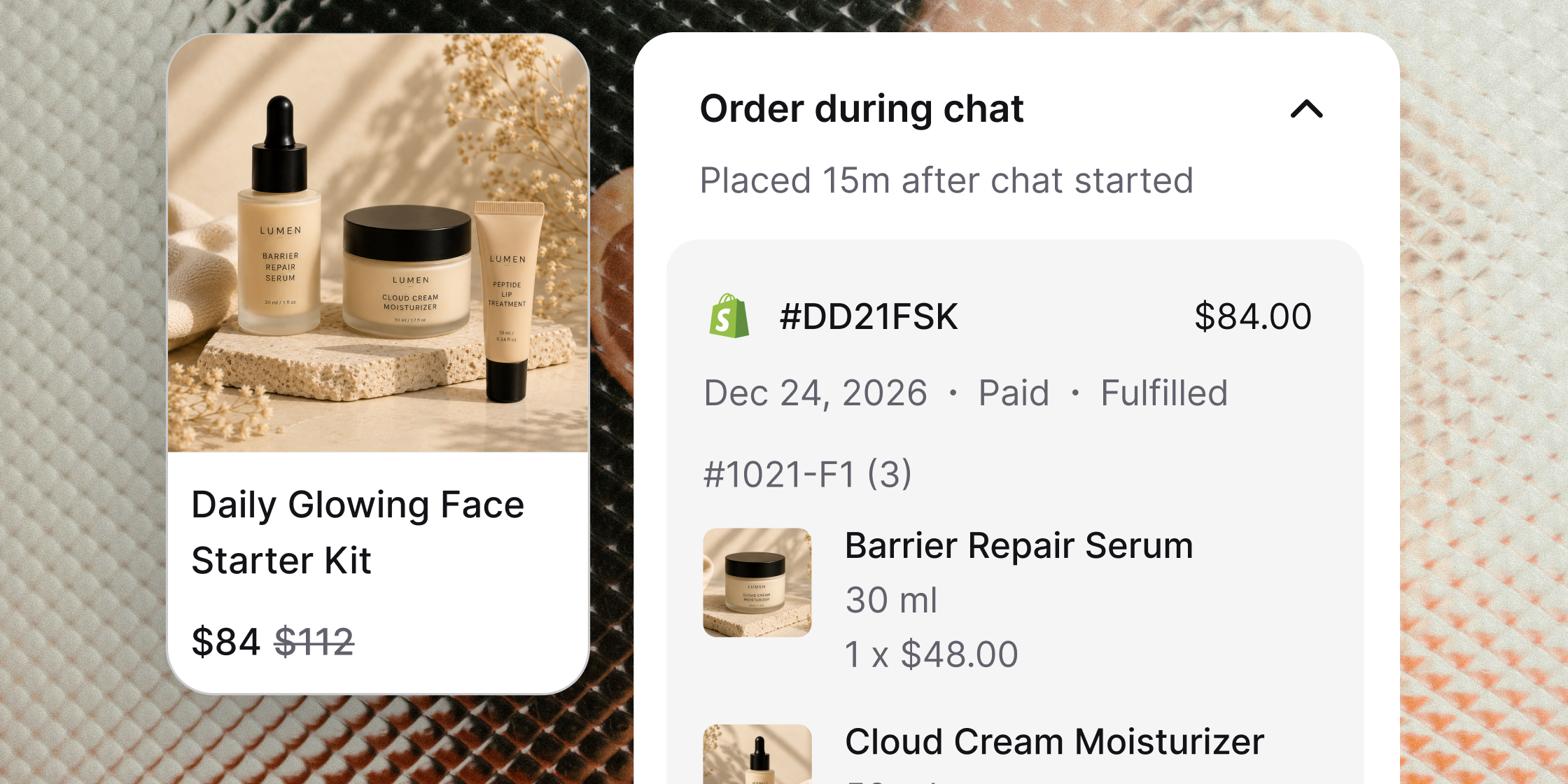 Product card in chat beside a Shopify order for $84, placed 15 minutes after the chat started and marked paid and fulfilled