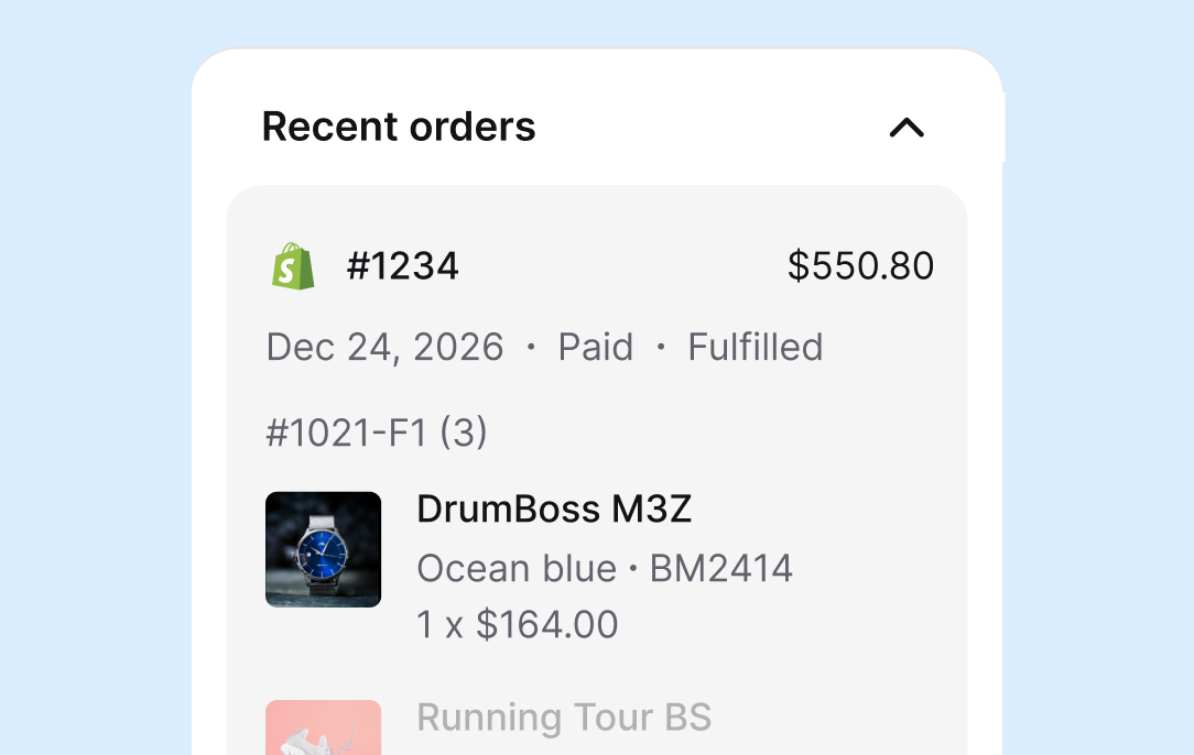 Recent orders panel in chat showing a paid and fulfilled Shopify order with product names, variants, and prices