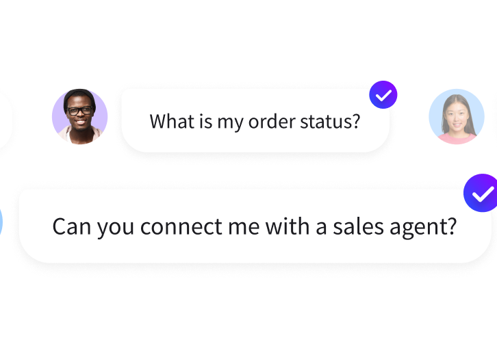 Repetitive customer questions in chat marked as resolved by the AI agent: order status and a handoff to a sales agent