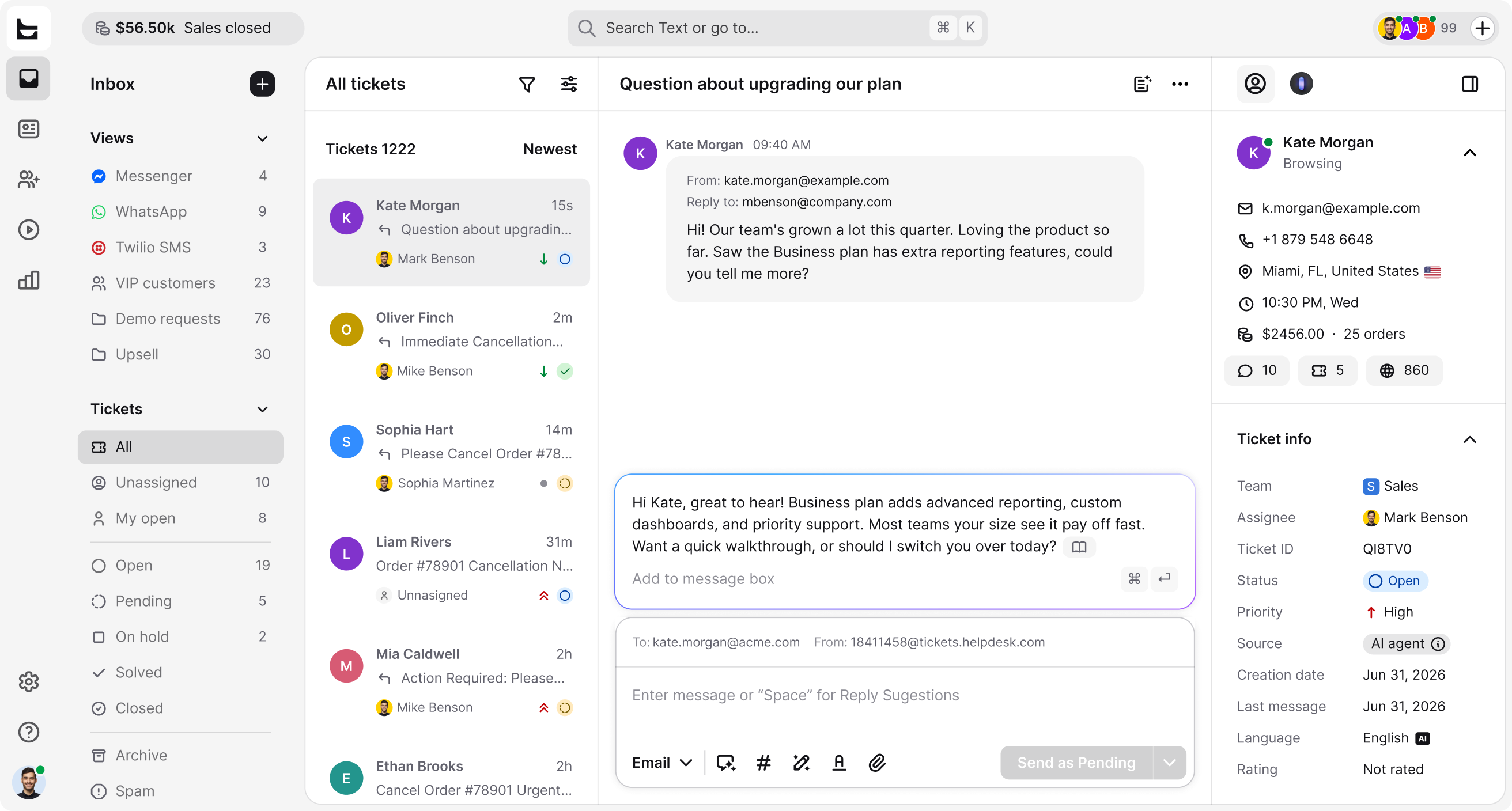 Ticket workspace in Text: an email ticket thread with an AI reply suggestion, the ticket queue, and the ticket info panel