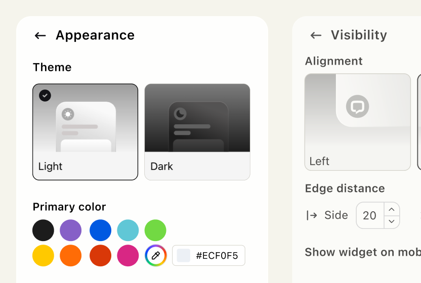 Widget appearance settings with light and dark themes, a primary color picker, and alignment controls