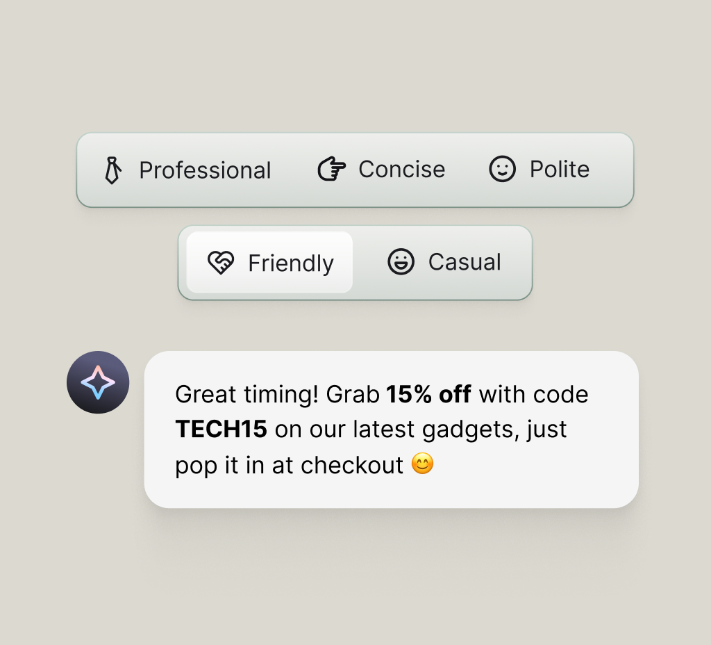 AI shopping assistant using professional, concise, polite, friendly, and casual brand voice settings