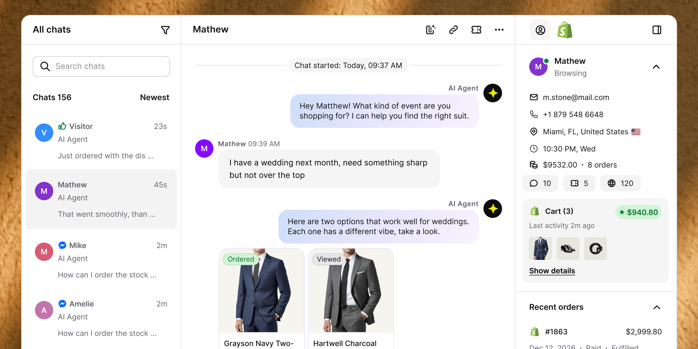 AI shopping assistant recommending suits from a live Shopify catalog inside the customer inbox