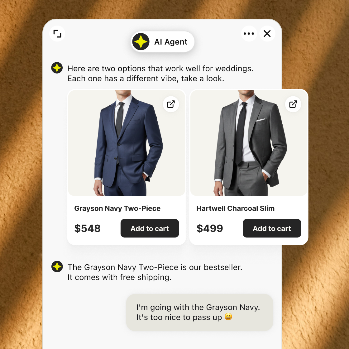 AI shopping assistant recommending suits with prices and add-to-cart buttons in chat