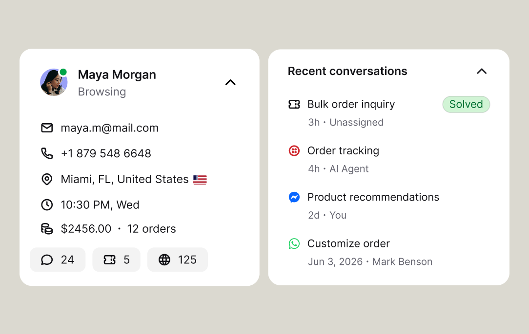 Customer profile with contact details, orders, browsing status, and recent conversations
