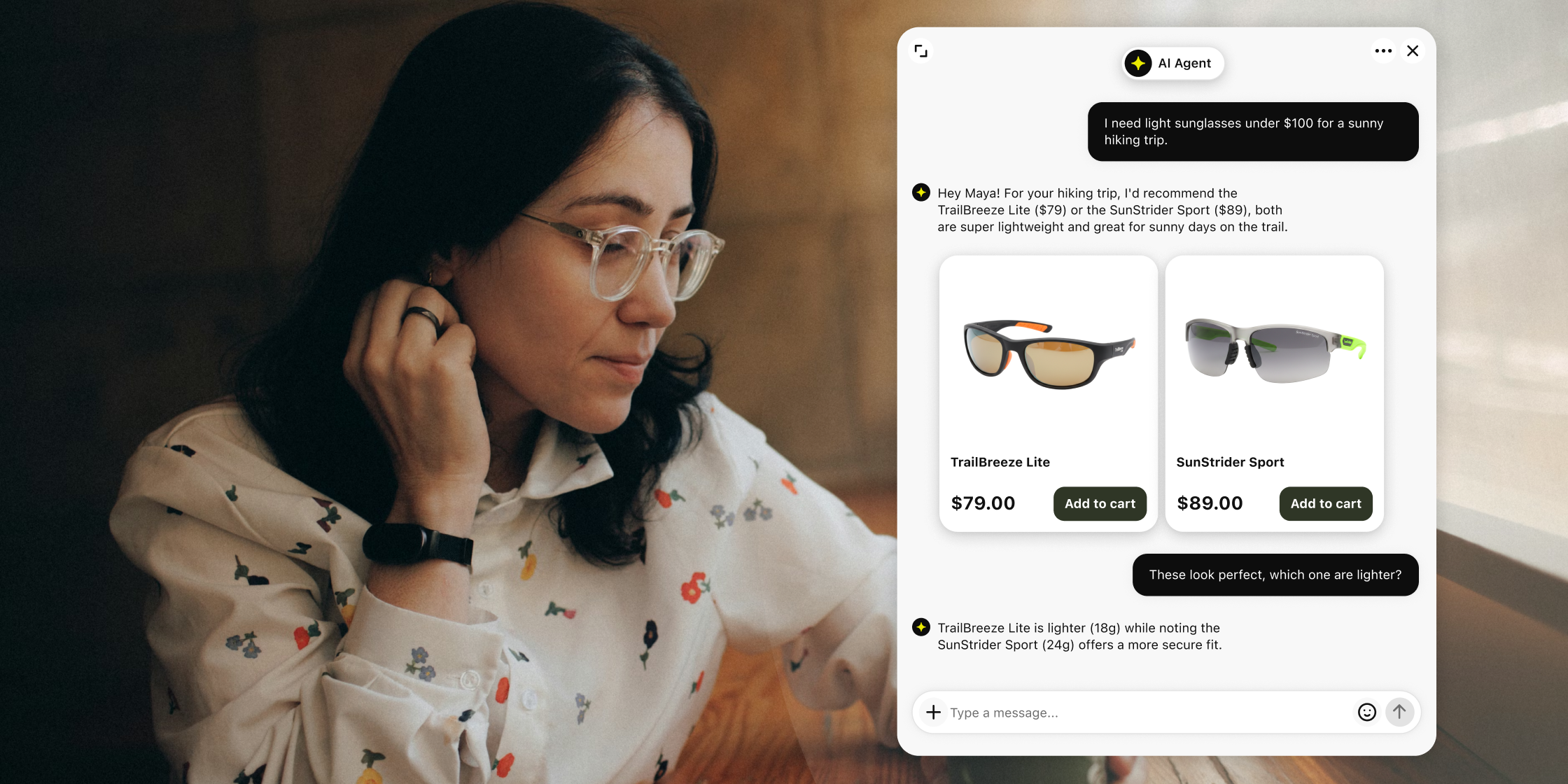 A shopper comparing sunglasses recommended by an AI shopping assistant in chat