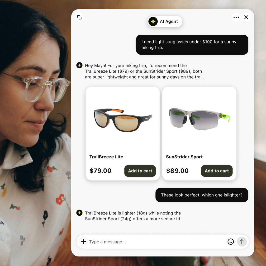 AI shopping assistant recommending lightweight sunglasses for a hiking trip