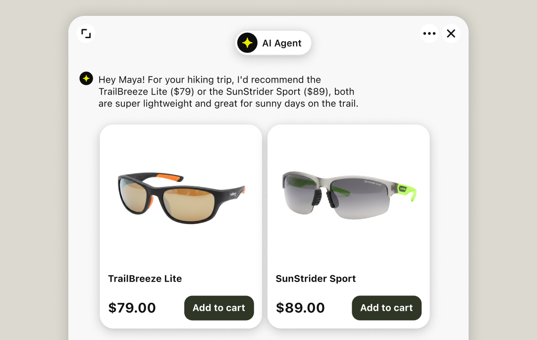 AI shopping assistant recommending two sunglasses with prices and add-to-cart buttons