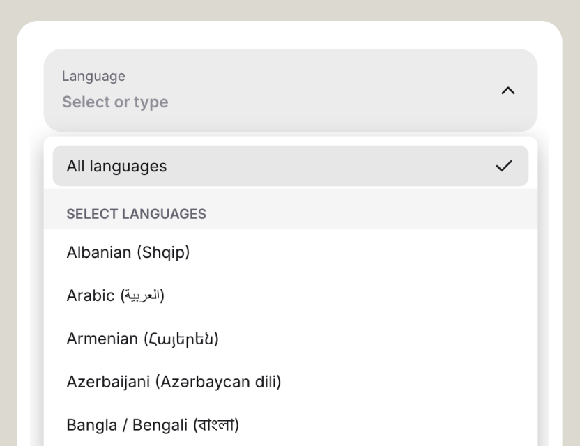 Language settings with an option to allow all languages or select specific ones for the assistant