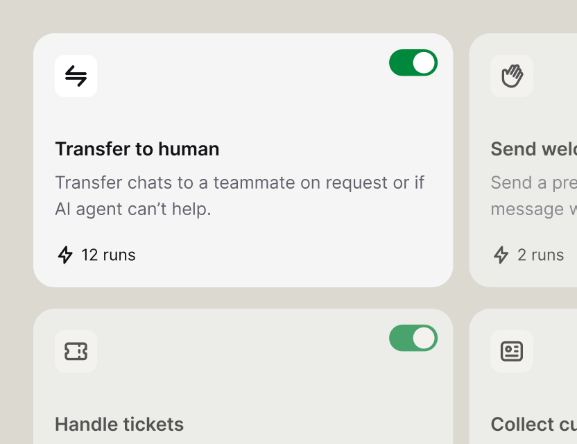 Skill settings with toggles for actions like transferring to a human and handling tickets
