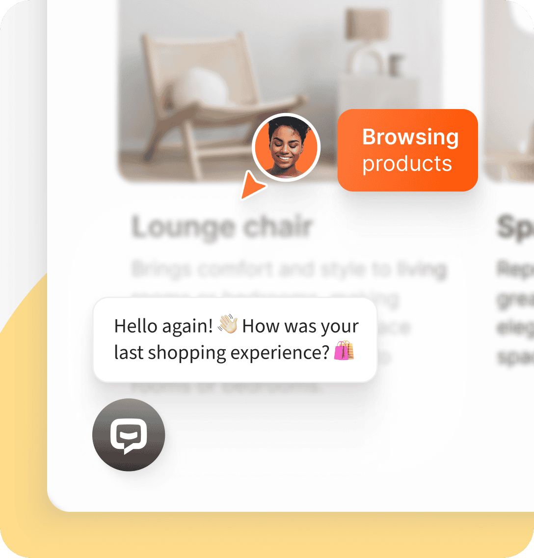 AI chatbot greeting a returning customer while browsing products online. Highlights proactive customer support, personalized interactions, and conversational AI improving customer experience across multiple channels and e-commerce platforms.