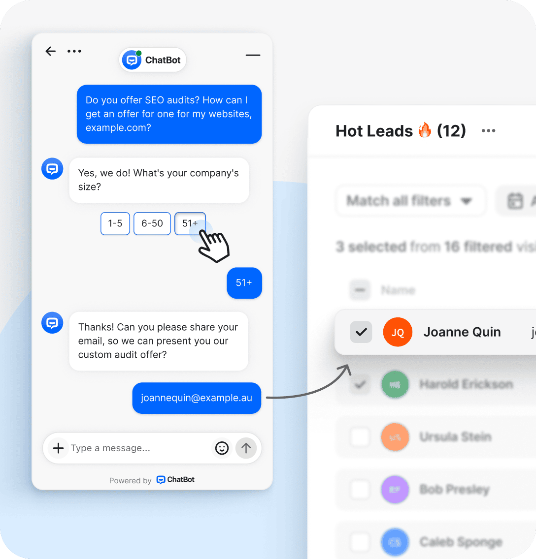 Lead generation chatbots capturing and qualifying leads while support teams organize hot leads for sales process optimization.