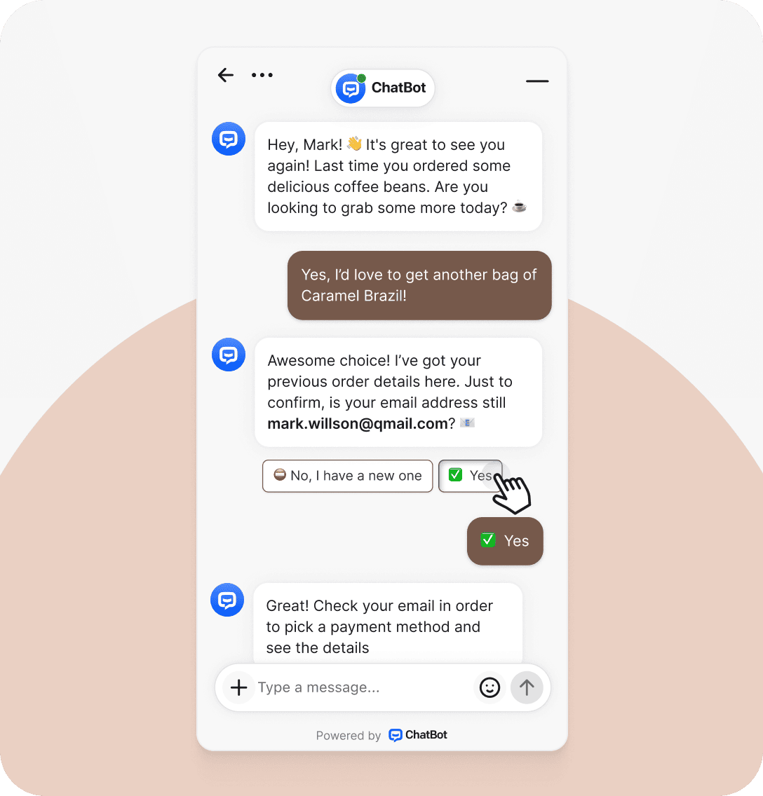 AI chatbot recognizing a returning customer and suggesting coffee reorders. Illustrates how AI-powered chatbots use customer data and machine learning to automate repetitive tasks, personalize conversations, and increase customer satisfaction.