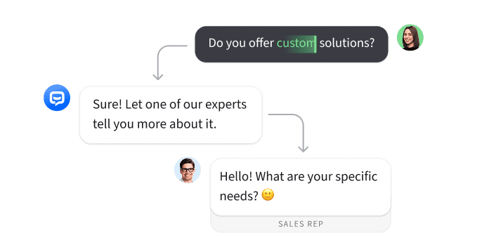 AI sales chatbot engaging customer with personalized conversation before routing high intent lead to live sales rep