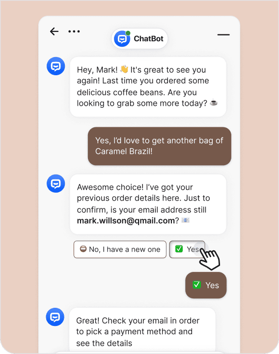 AI chatbot recognizing a returning customer and suggesting coffee reorders. Illustrates how AI-powered chatbots use customer data and machine learning to automate repetitive tasks, personalize conversations, and increase customer satisfaction.